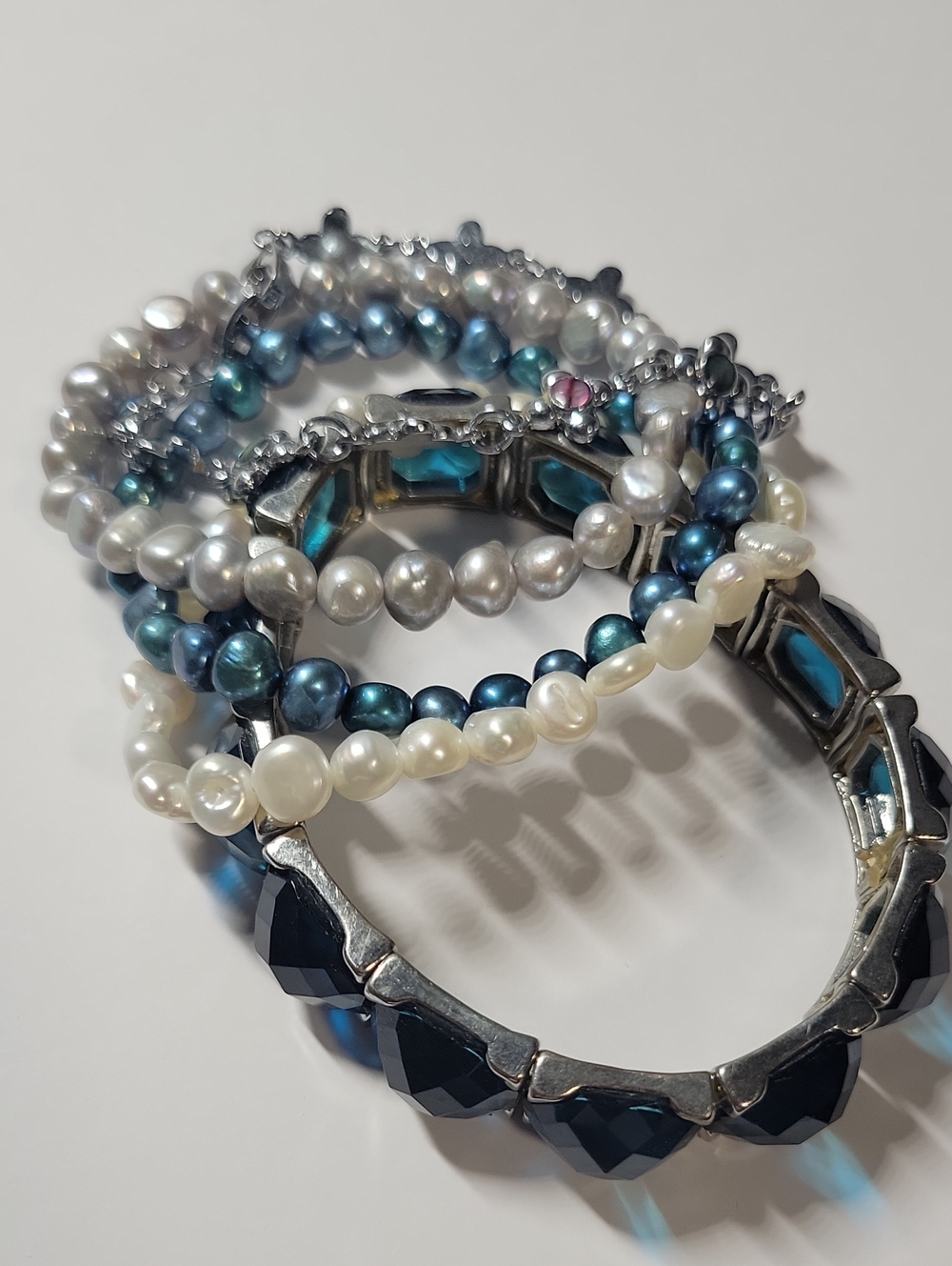 Multi-Strand Pearl & Bead Bracelet Set in White and Teal